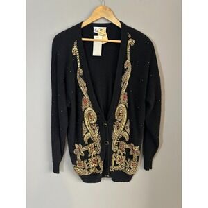 Vintage Cappagallo Sweater Womens M/L Black Gold Beaded Wool Angora Blend NOS